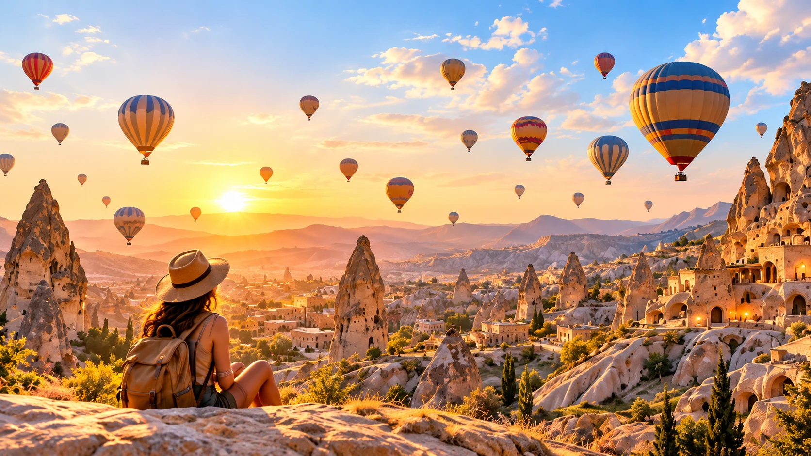 Hot air balloons above Cappadocia’s sunlit valleys