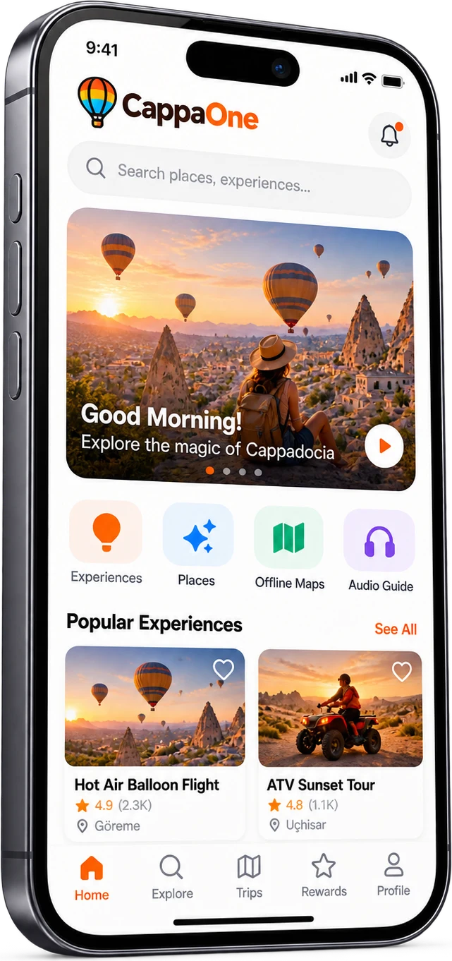 CappaOne app showing Cappadocia experiences, maps, and audio guides