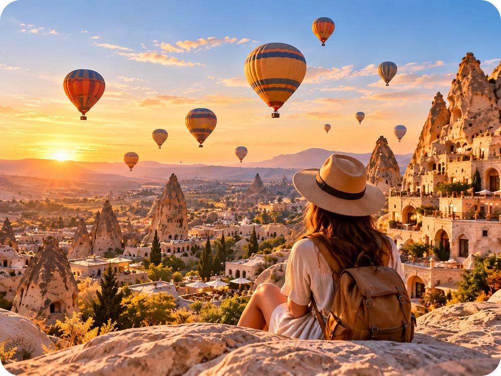A traveler watching balloons rise over Cappadocia